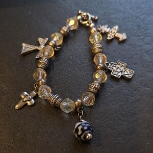 Vintage cross and porcelain cobalt blue bead acrylic AB beads charm bracelet